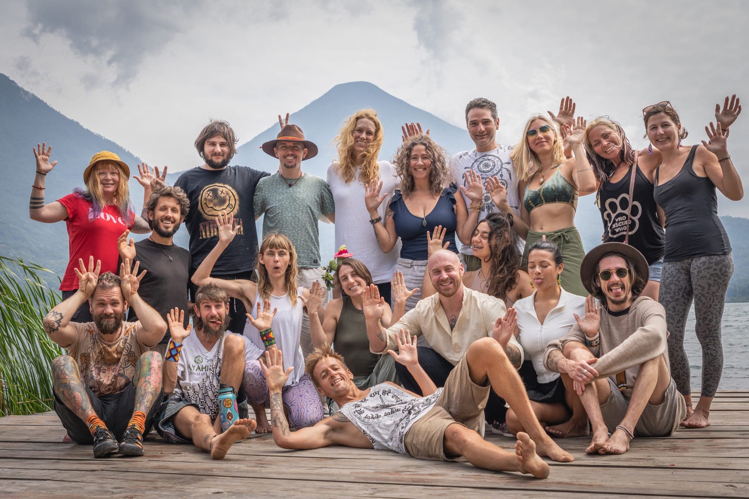 HeartSong Medicine Retreat group on the dock at Lake Atitlán