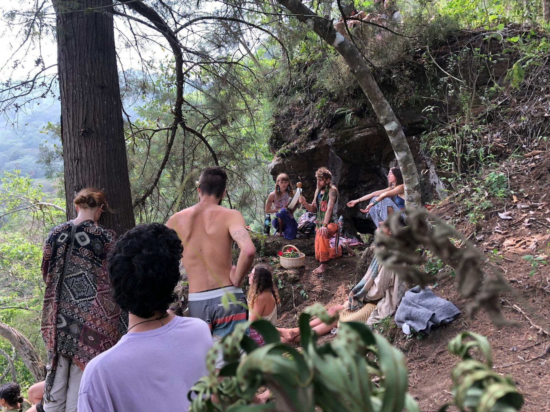Circle gathered at a forest altar during a huachuma hike