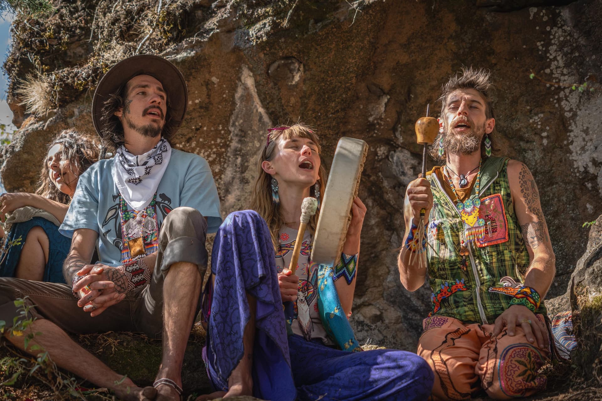 Drum and song at a rock altar on the huachuma hike