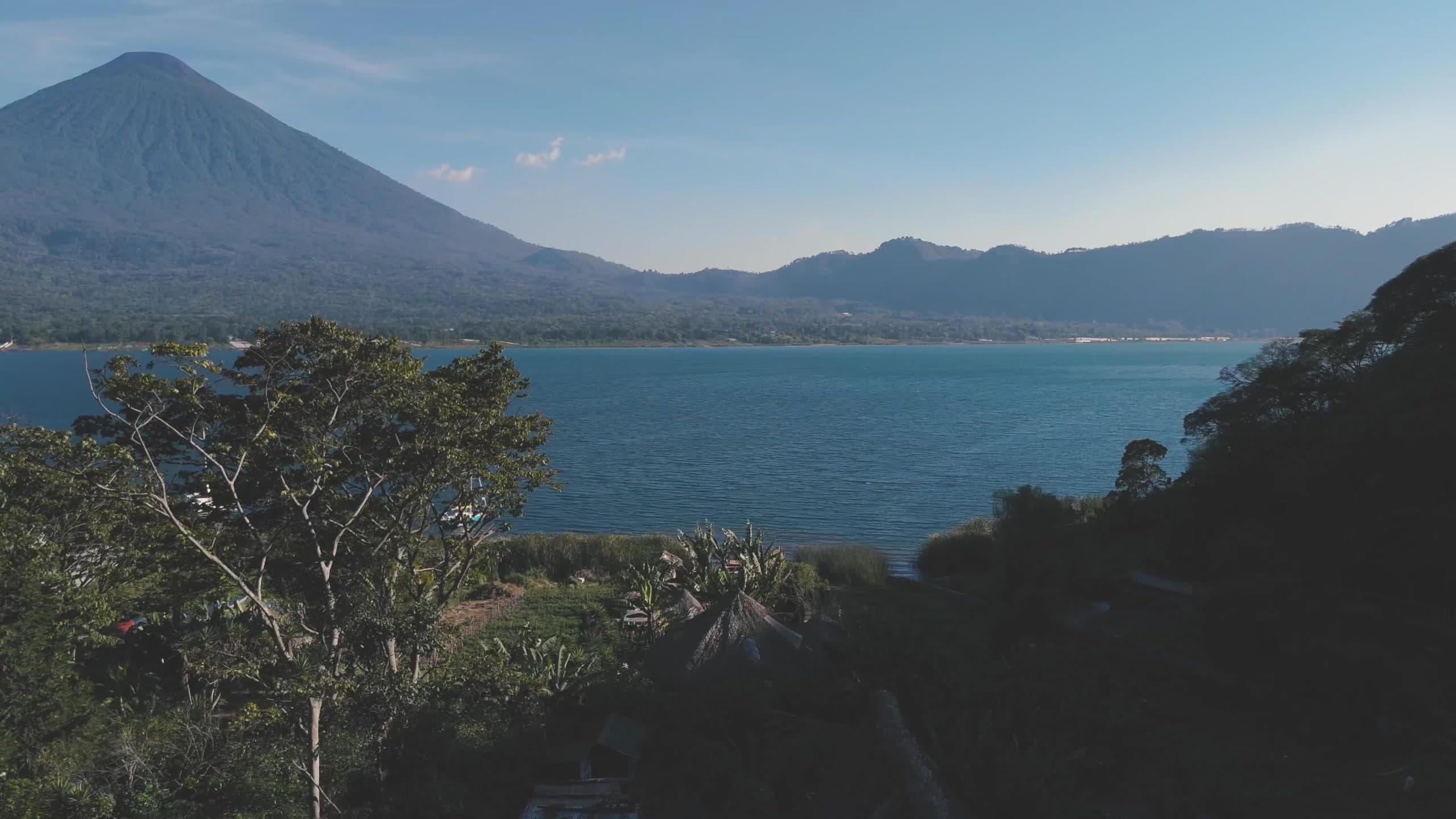 Aerial view of Lake Atitlán and Volcán Atitlán from Mystical Yoga Farm